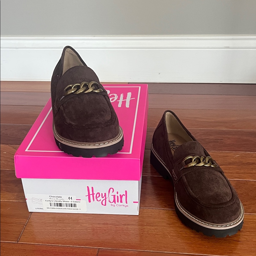 Corkys Chocolate Brown Suede Loafers with Gold Chain Accent